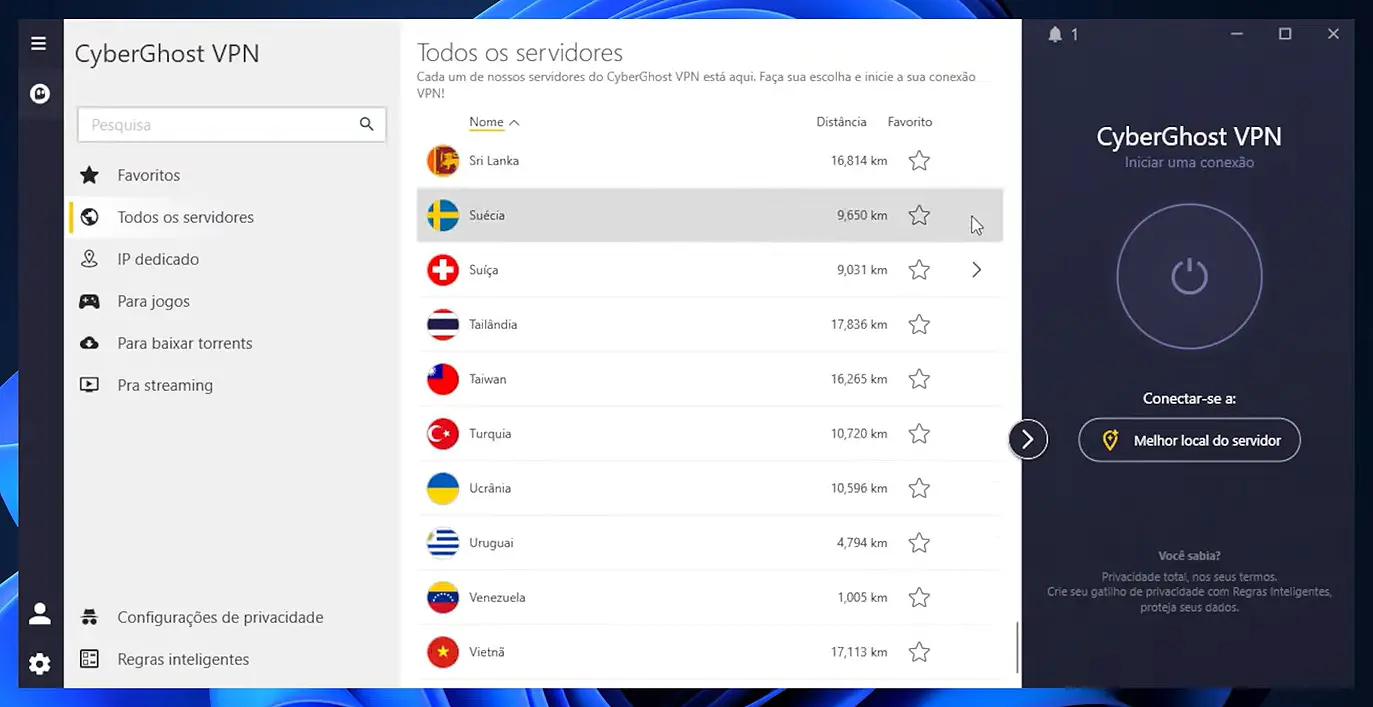 Painel do aplicativo da CyberGhost com os servidores organizados por finalidade