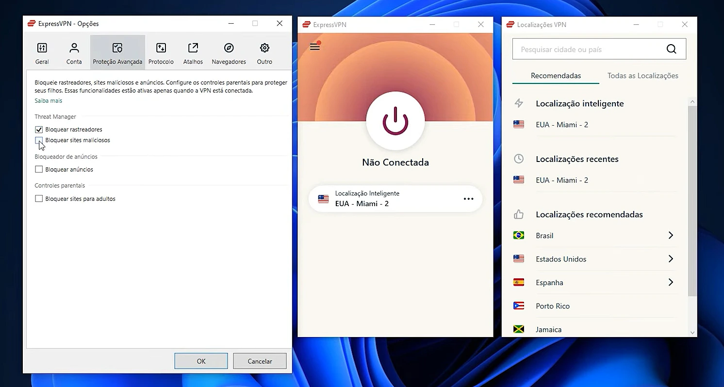 Painel do aplicativo da ExpressVPN com o Lightway conectado e o Network Lock ativo