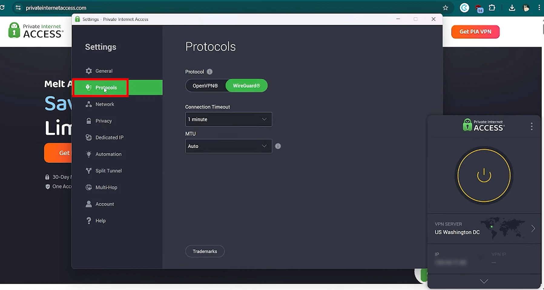 Painel do aplicativo da PIA com o nível de criptografia e o MACE configurados