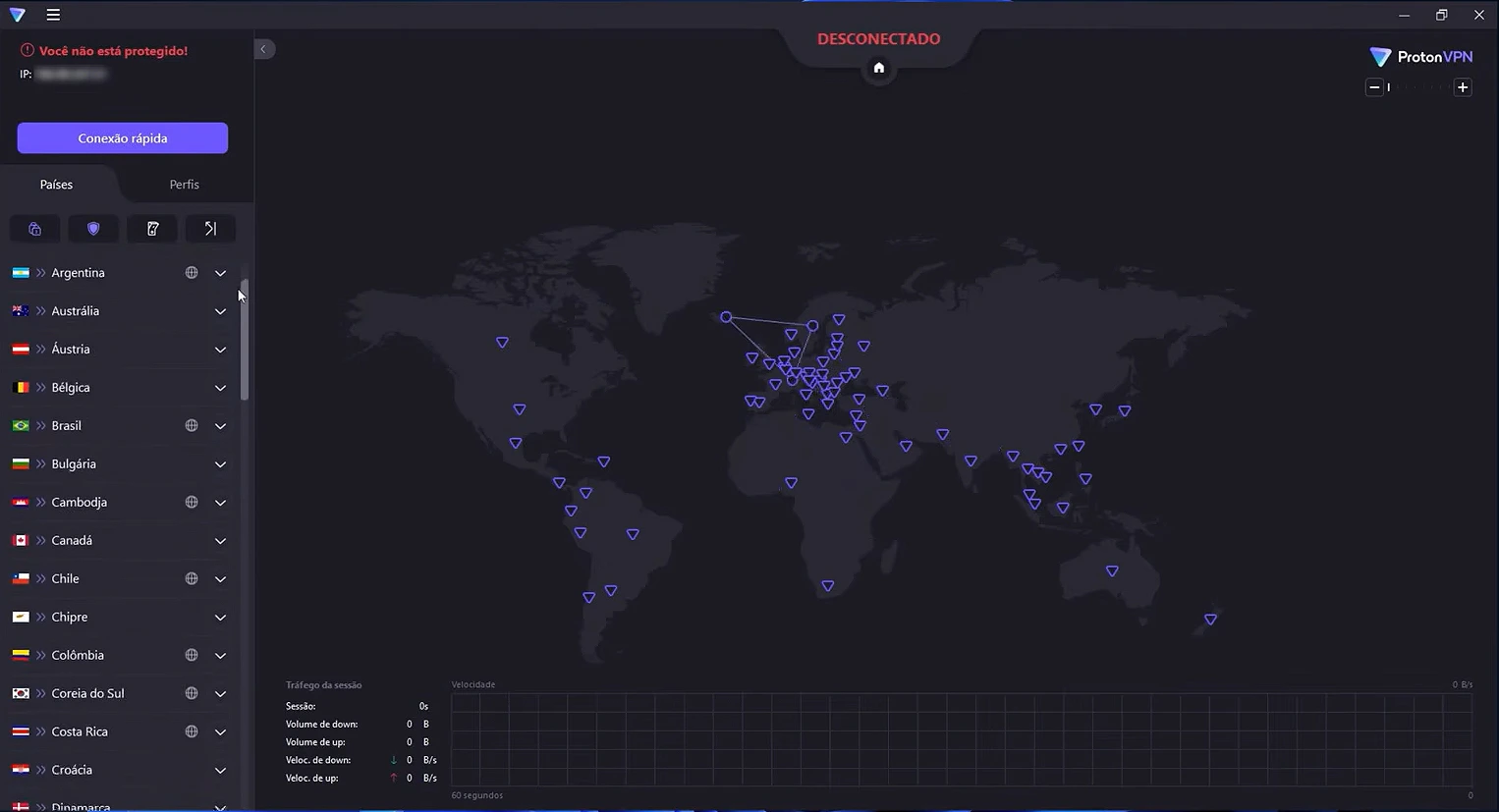 Painel do aplicativo da Proton VPN com o Secure Core ativo
