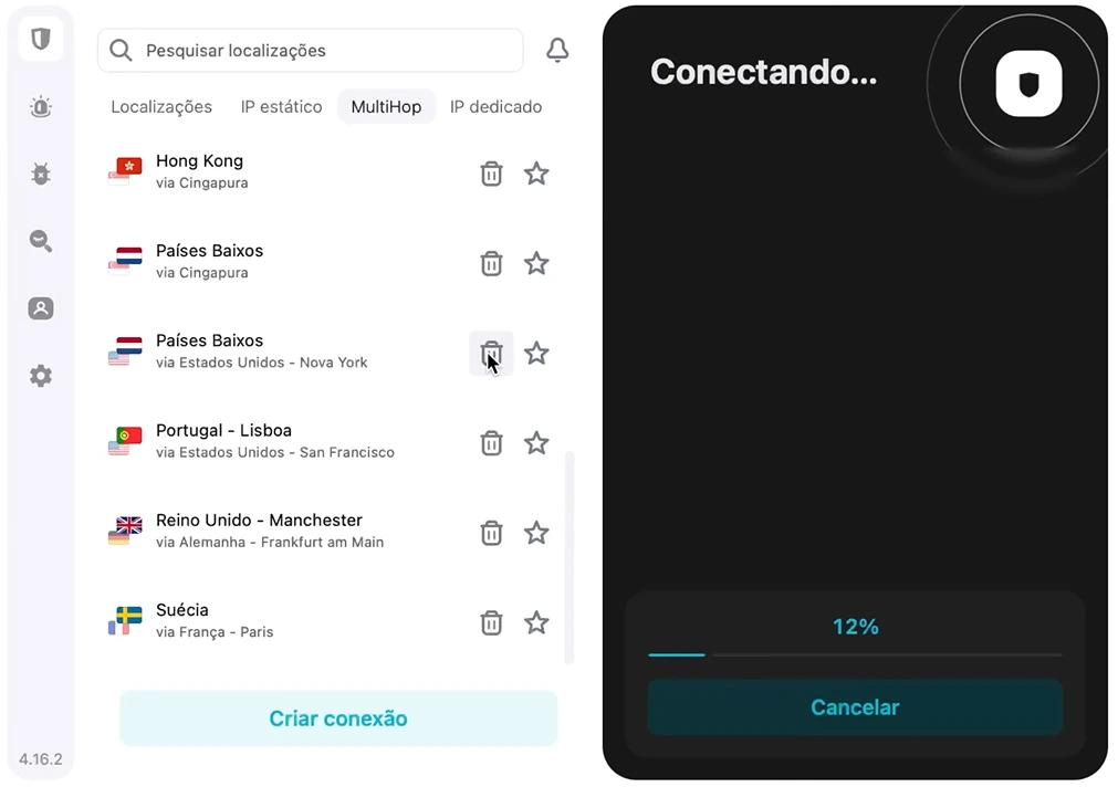Painel do aplicativo da Surfshark com CleanWeb, Camouflage e Bypasser configurados