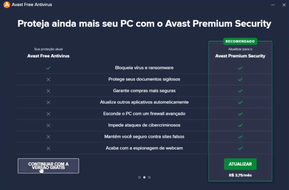 Tela do Avast com oferta de upgrade para o plano pago e botão para continuar com a versão gratuita