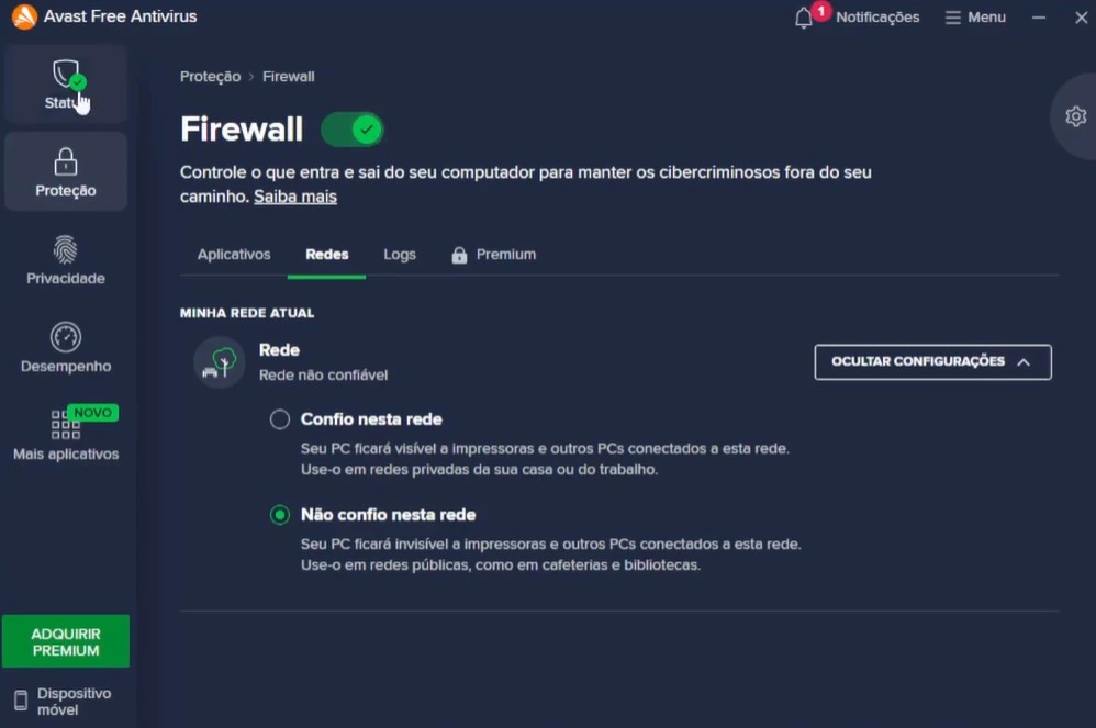 Painel do firewall do Avast Free com proteção ativa e controle de permissões por aplicativo e tipo de rede