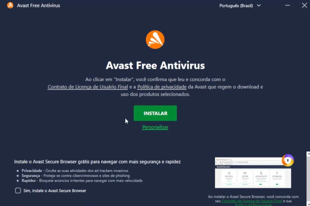 Tela de instalação do Avast Free com opção de personalizar e botão para desmarcar o Avast Secure Browser antes de instalar