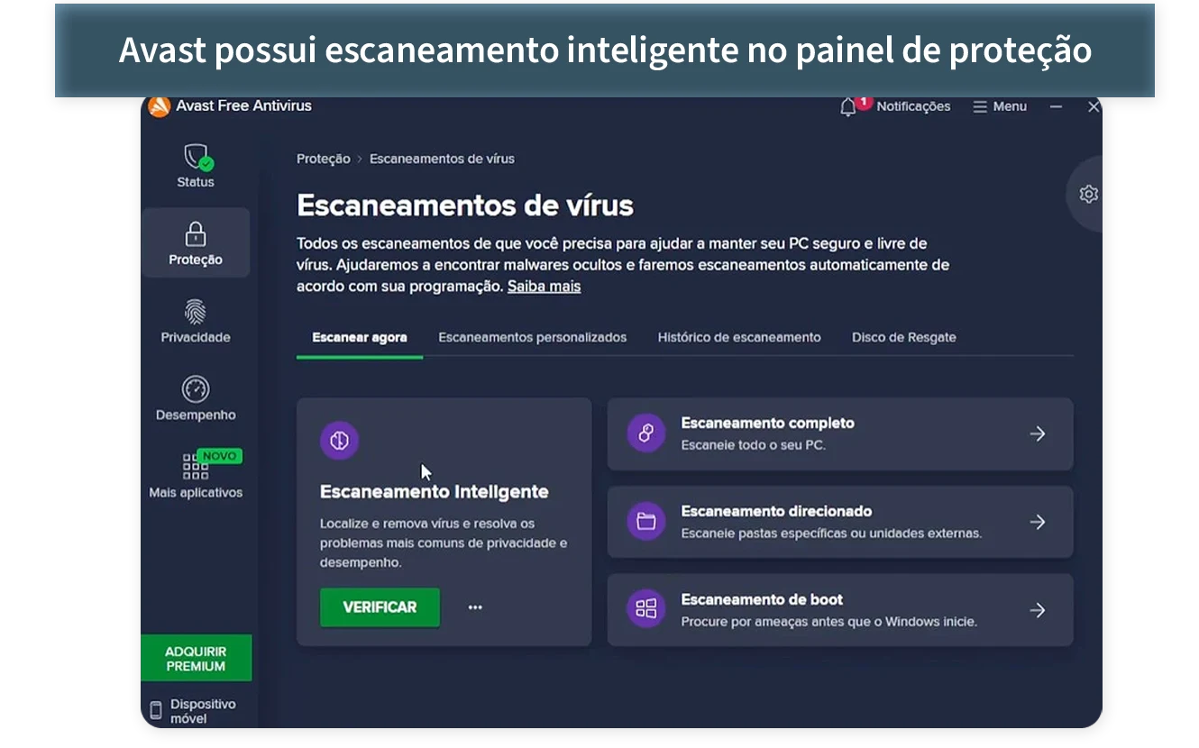 Tela de escaneamento de vírus do Avast na versão gratuita