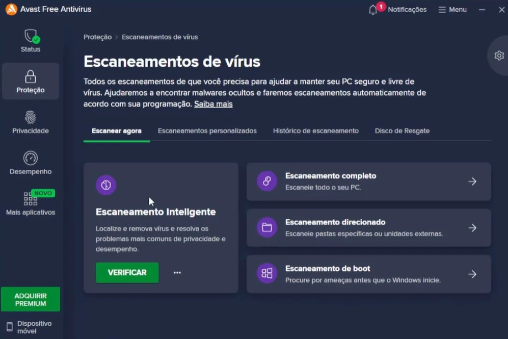 Painel de escaneamento de vírus do Avast com quatro modalidades disponíveis: Inteligente, Completo, Direcionado e Boot