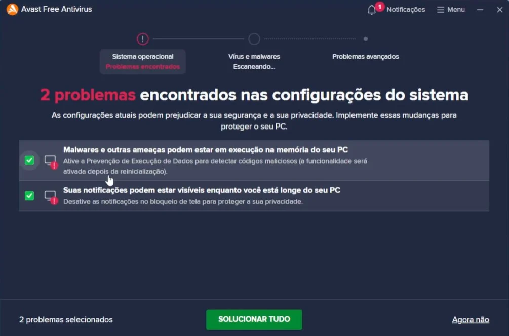 Painel do Avast mostrando problemas encontrados no primeiro escaneamento com botão Solucionar tudo em destaque