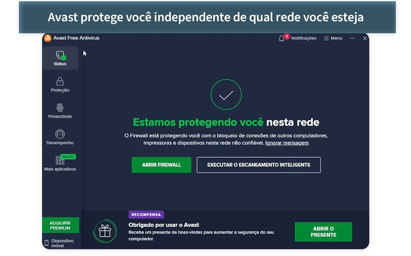 Painel de status de proteção do Avast na versão gratuita