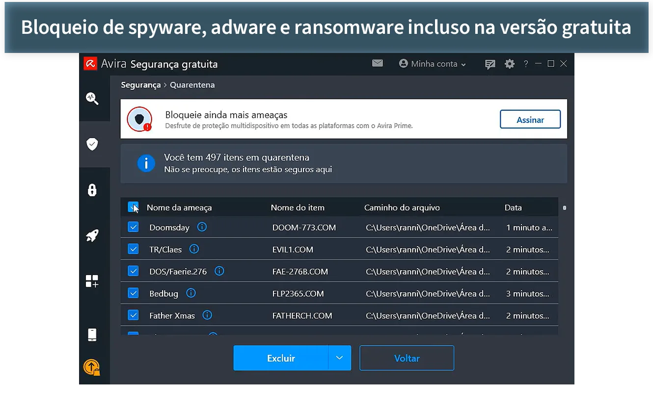 Painel de antivírus do Avira na versão gratuita