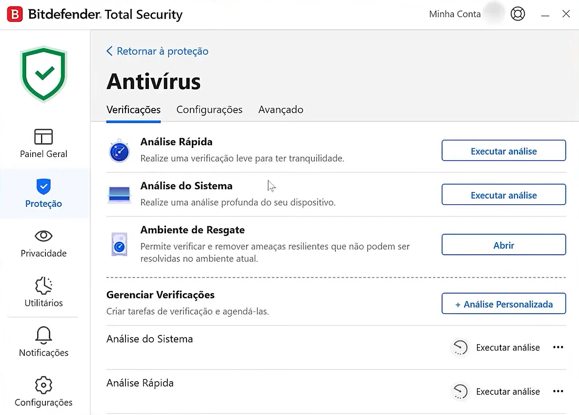 Painel de proteção antivírus do Bitdefender Total Security com varredura em tempo real ativa e histórico de ameaças no Windows