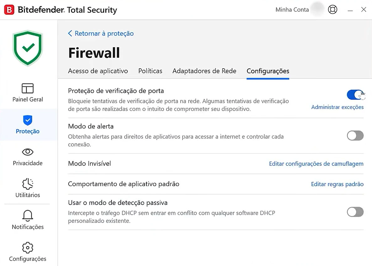 Configurações do firewall do Bitdefender Total Security com regras de acesso à rede por aplicativo e monitoramento de conexões ativas