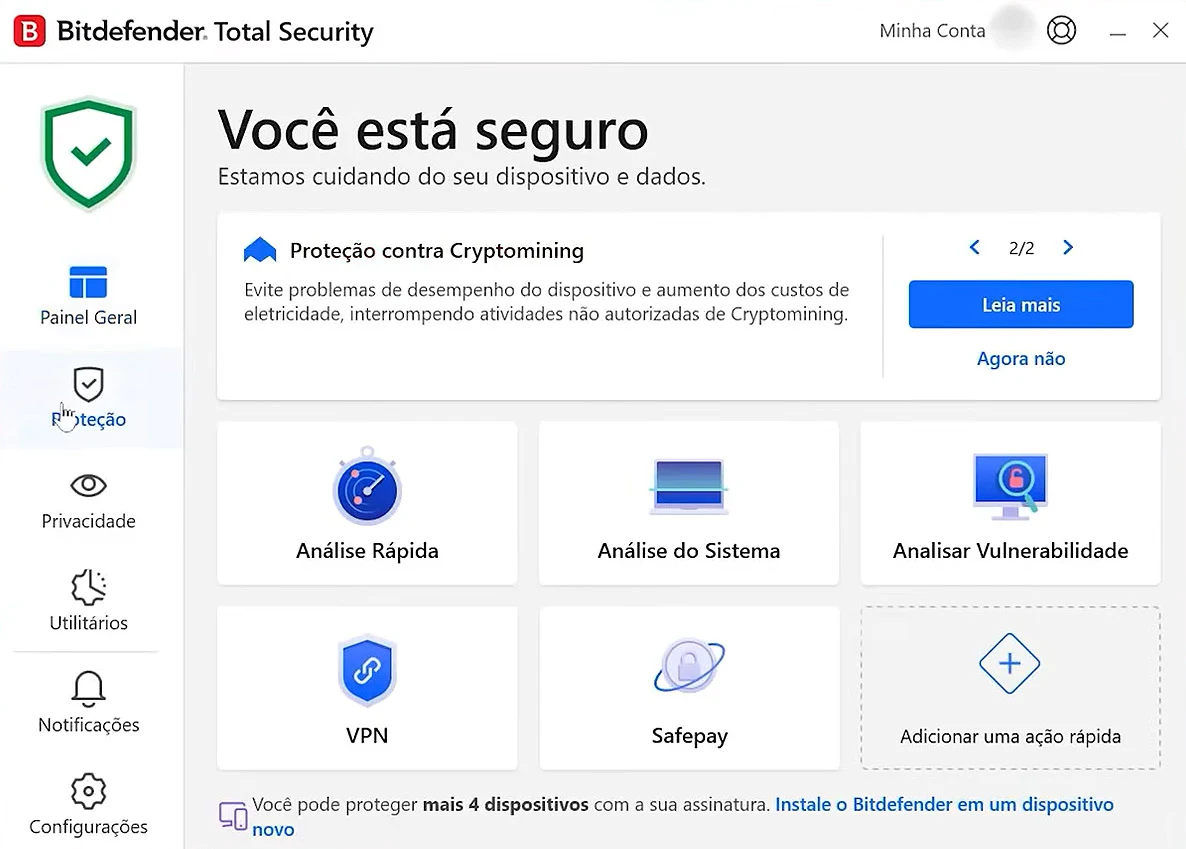 Painel principal do Bitdefender Total Security mostrando status de proteção completa ativo no Windows com acesso rápido a todas as ferramentas