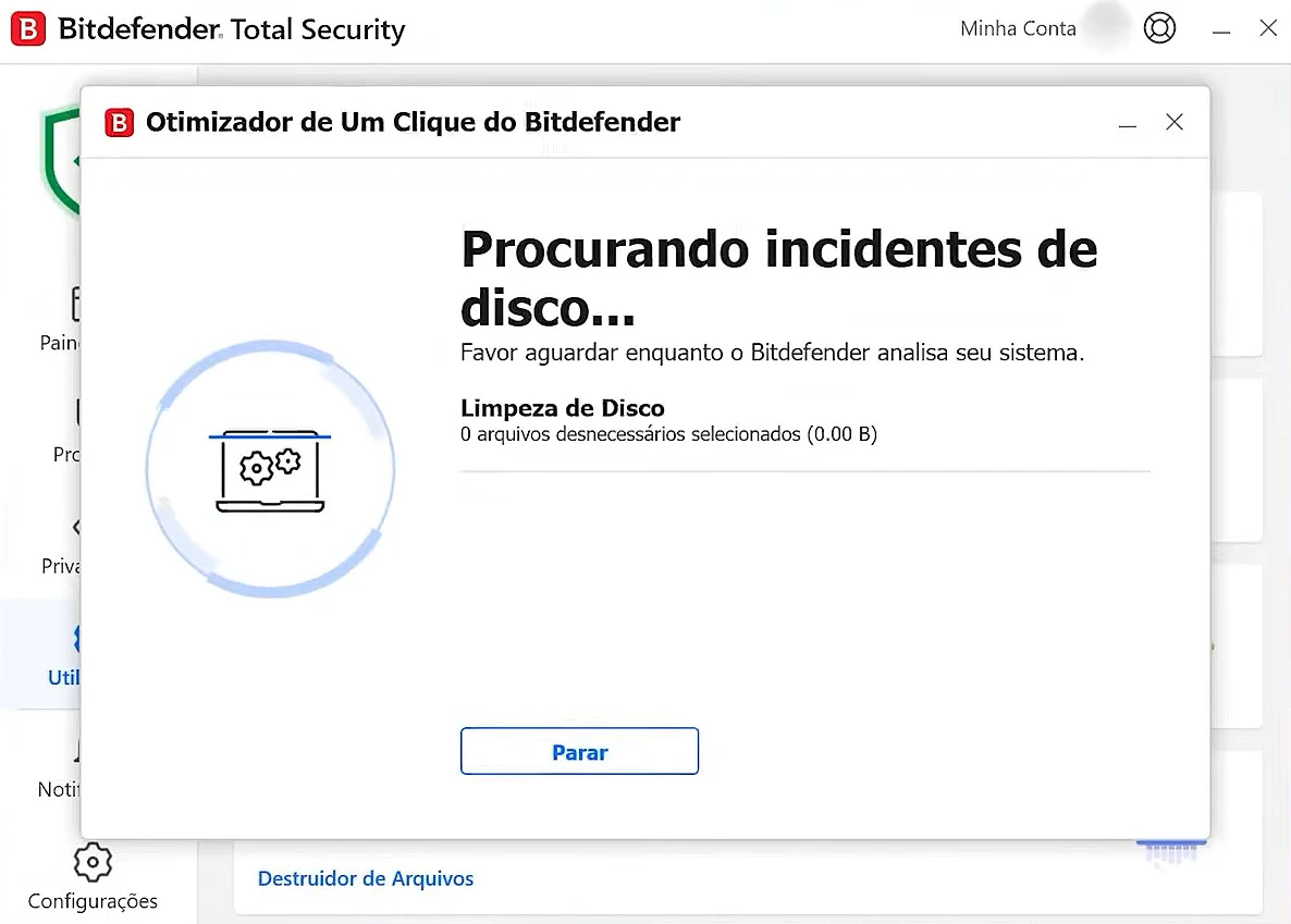 Otimizador de um clique do Bitdefender identificando arquivos temporários e problemas de desempenho para limpeza no Windows
