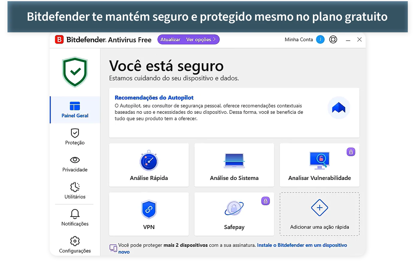 Painel principal do Bitdefender na versão gratuita