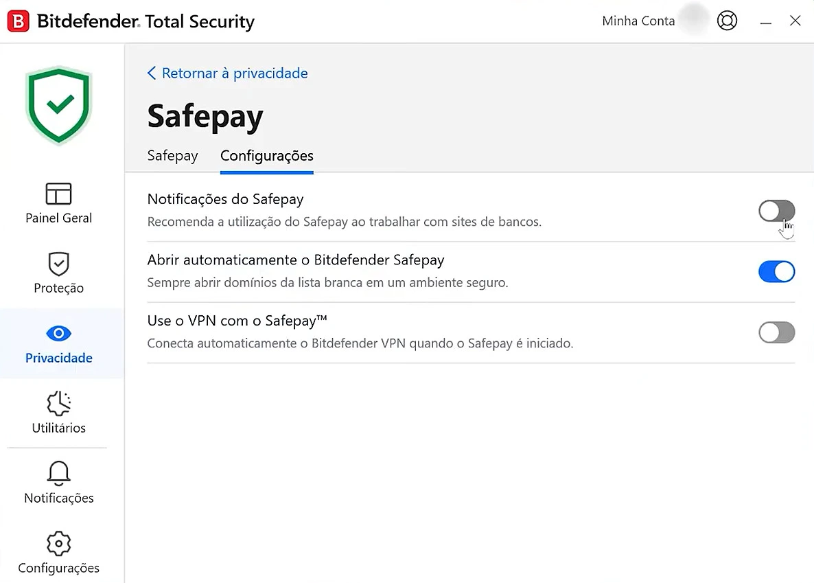 Navegador SafePay do Bitdefender aberto em ambiente isolado para acesso seguro a sites bancários com teclado virtual e proteção contra captura de tela