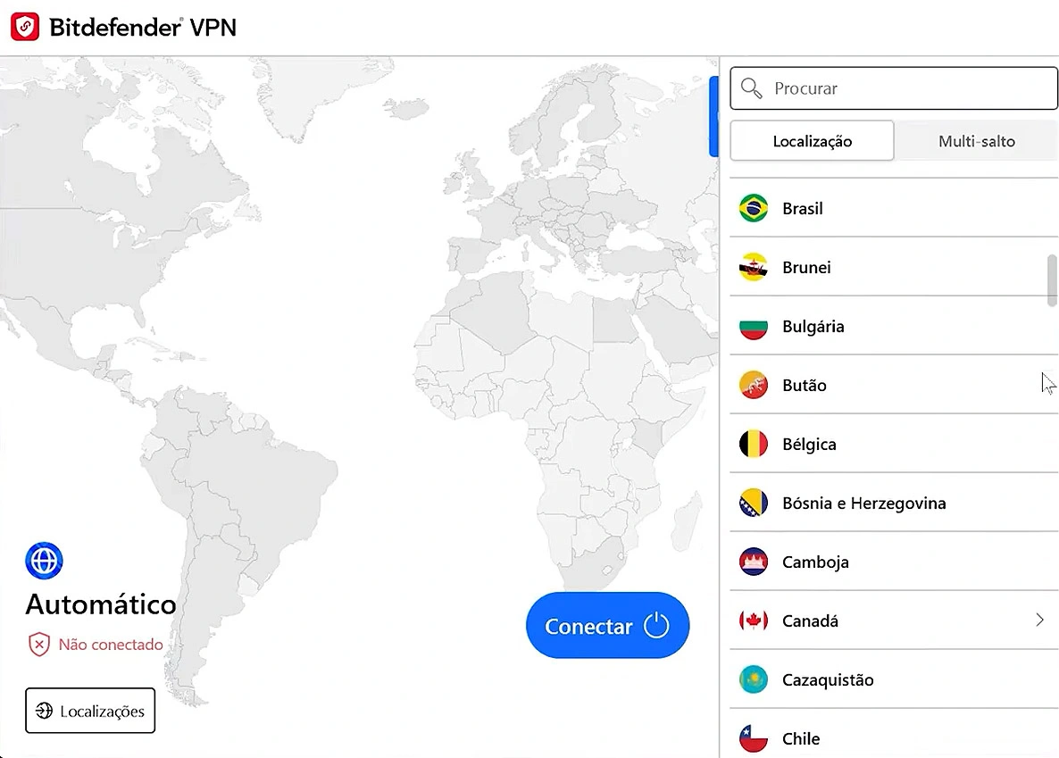 Painel da VPN do Bitdefender mostrando limite de 200 MB por dia no plano Total Security com seleção de servidor por país
