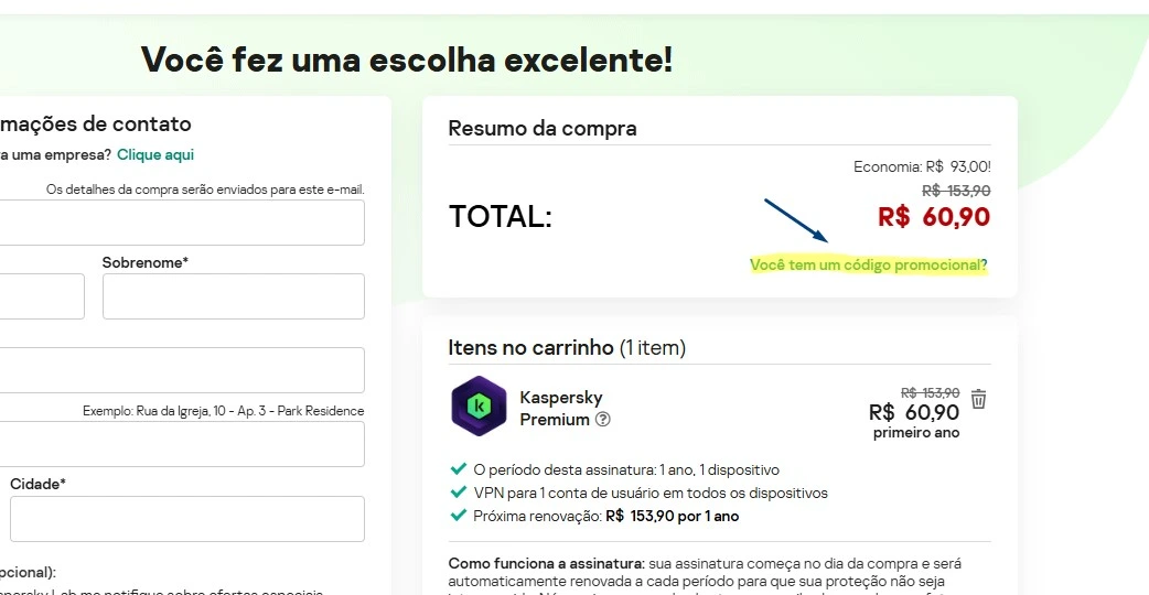 Opção Você tem um código promocional na página da Kaspersky