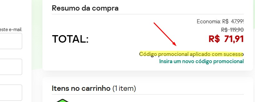 Mensagem de cupom Kaspersky aplicado com sucesso