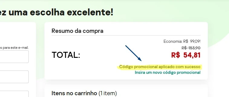 Mensagem de cupom Kaspersky aplicado com sucesso