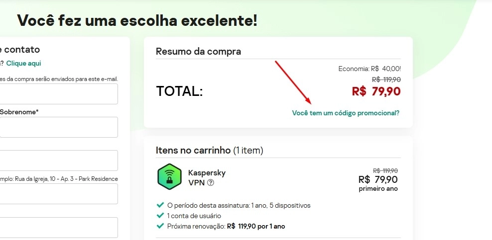Campo para inserir cupom Kaspersky no checkout