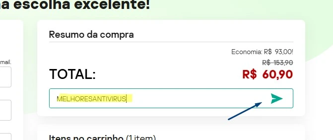 Código MELHORESANTIVIRUS digitado no campo de cupom da Kaspersky