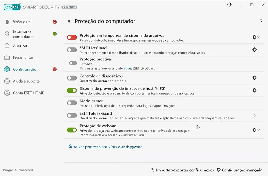 Painel de configuração de proteção do computador no ESET com opções de firewall, HIPS e proteção em tempo real