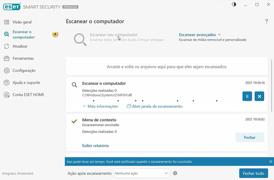Tela de escaneamento do computador no ESET com opções de varredura completa e varredura avançada personalizada