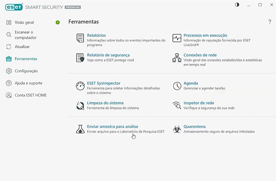 Menu de Ferramentas do ESET com acesso ao SysInspector, Inspetor de Rede e Conexões de rede