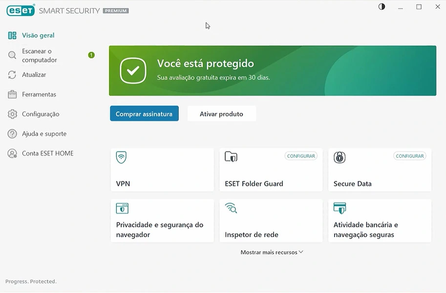 Painel de Visão Geral do ESET mostrando status de proteção, última atualização e atalhos para VPN, Folder Guard e Inspetor de Rede