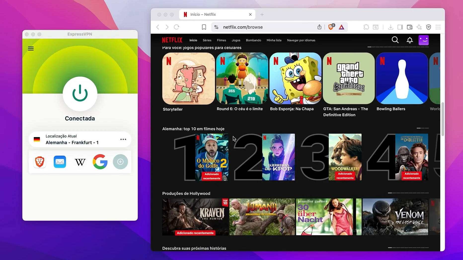 Netflix carregando normalmente em uma página de catálogo, com a ExpressVPN conectada e sem nenhuma mensagem de erro de proxy ou bloqueio de streaming