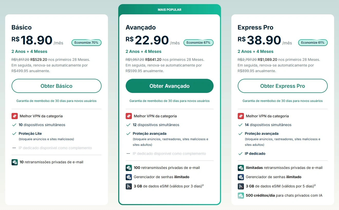 Captura de tela da página oficial da ExpressVPN mostrando os preços do plano de 2 anos, com o plano Avançado custando R$ 22,90 por mês