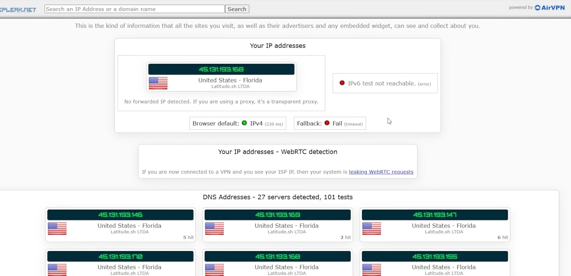Teste no site IPLeak.net com a ExpressVPN conectada, mostrando apenas o endereço do servidor da VPN e nenhum vazamento de IP, DNS ou WebRTC do usuário