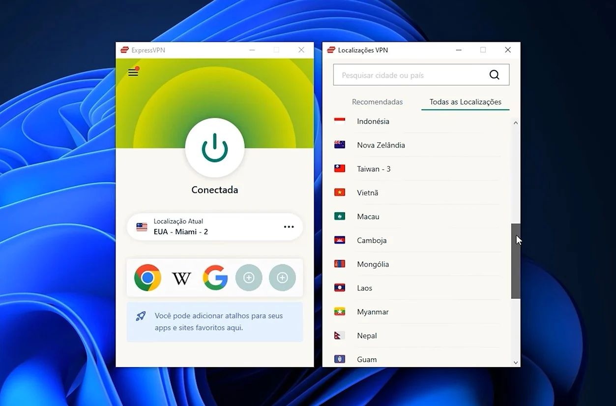 Aplicativo da ExpressVPN aberto no Windows, com a tela principal exibindo o botão de conexão e o servidor selecionado