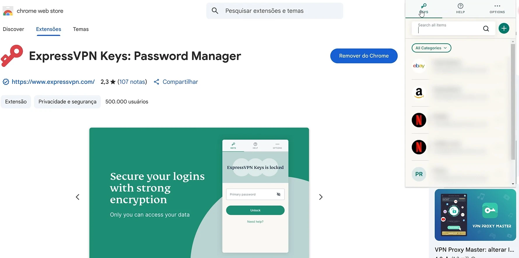 Extensão da ExpressVPN no Google Chrome exibindo o gerenciador de senhas ExpressVPN Keys, com opções para salvar, gerar e preencher senhas automaticamente