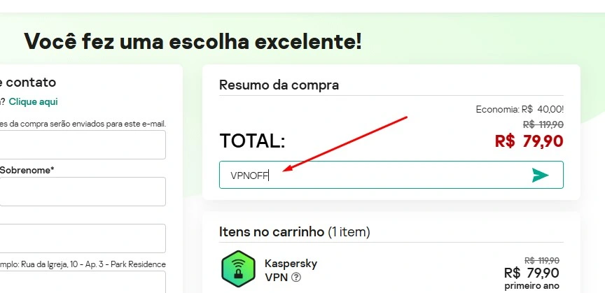 Opção você tem um código promocional na página da Kaspersky