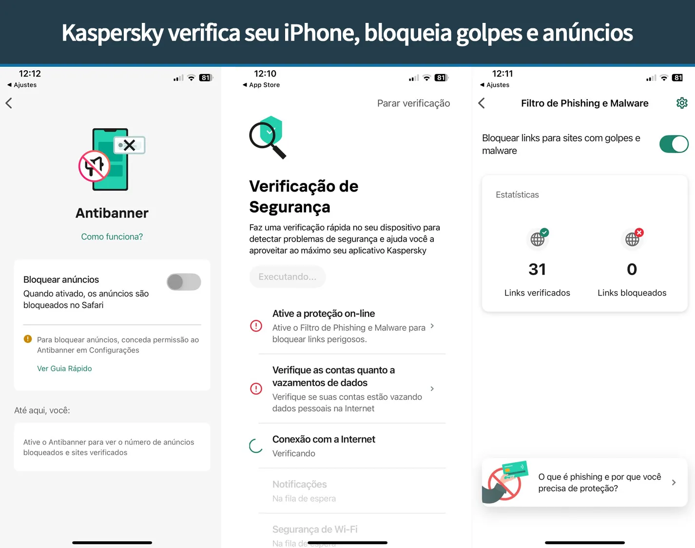 Kaspersky bloqueando links maliciosos no iPhone em tempo real