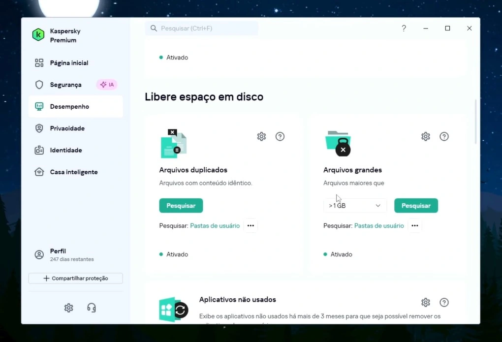 Ferramenta de desempenho do Kaspersky liberando espaço no disco do Windows ao localizar arquivos duplicados e arquivos grandes