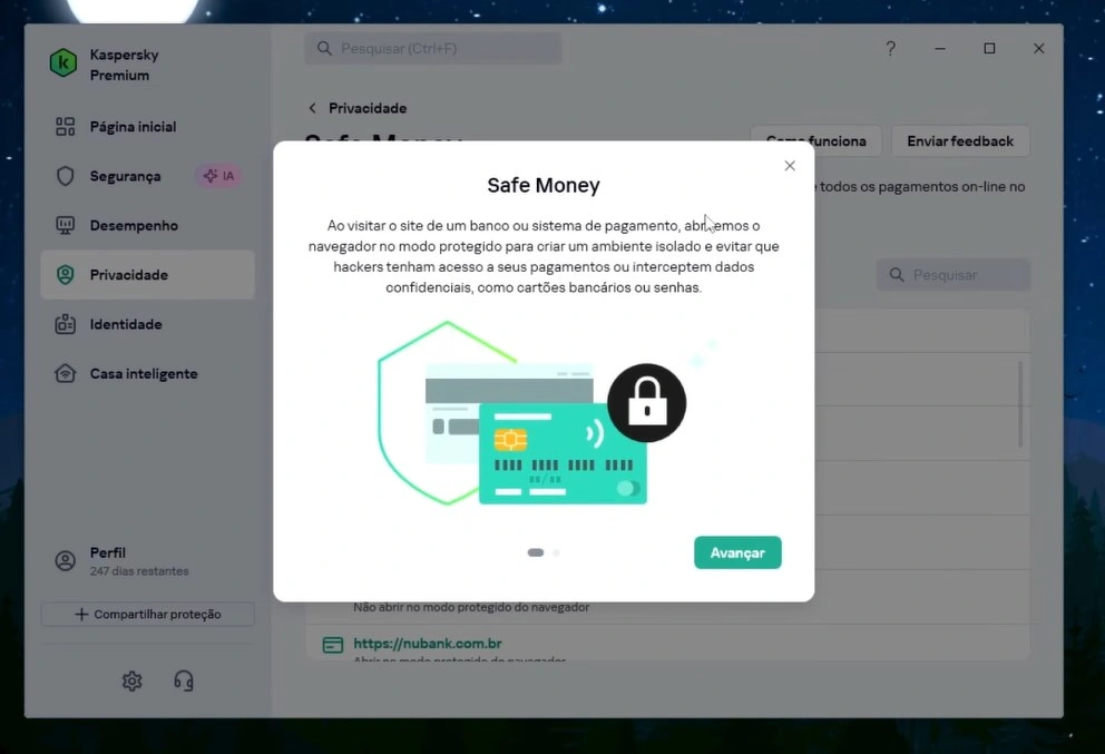 Tela da tecnologia Safe Money do Kaspersky abrindo um navegador isolado para compras e pagamentos online