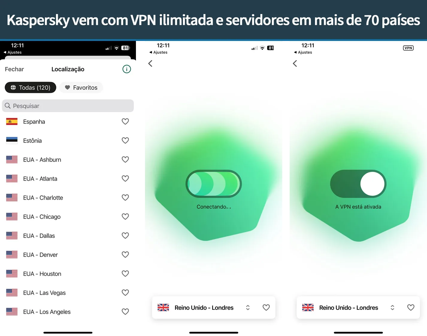VPN ilimitada do Kaspersky conectada no iPhone