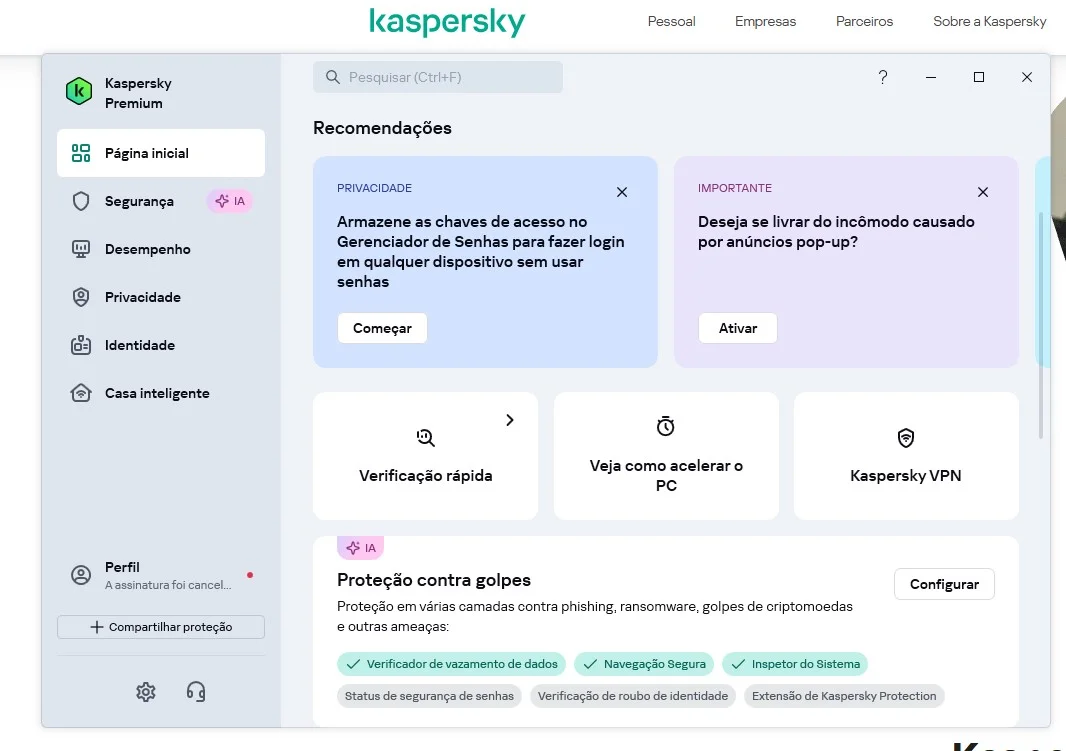 Tela inicial do Kaspersky no Windows com verificação rápida, proteção contra golpes e acesso direto à VPN