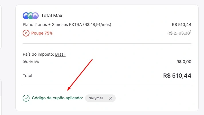 Confirmação de cupom NordVPN aplicado com sucesso