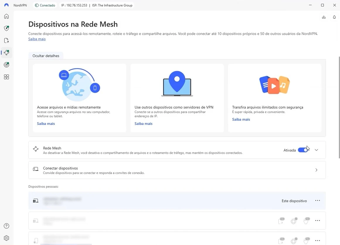 Painel do Meshnet da NordVPN mostrando dispositivos conectados na rede privada virtual