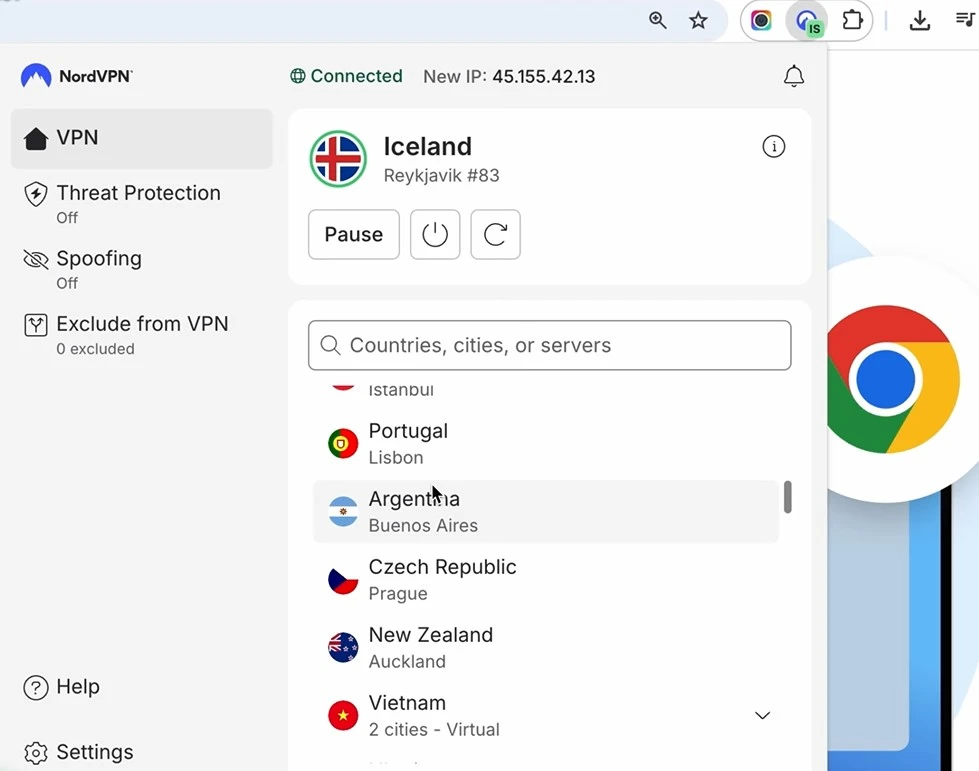 Extensão da NordVPN funcionando no Google Chrome com a conexão VPN ativa