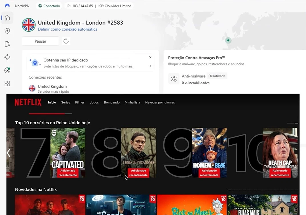 Tela da NordVPN conectada ao servidor do Reino Unido com Netflix carregando normalmente sem bloqueio de proxy