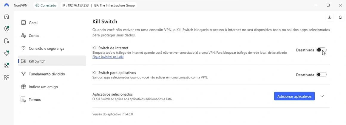 Painel do kill switch da NordVPN com opções de corte de conexão configuradas no aplicativo