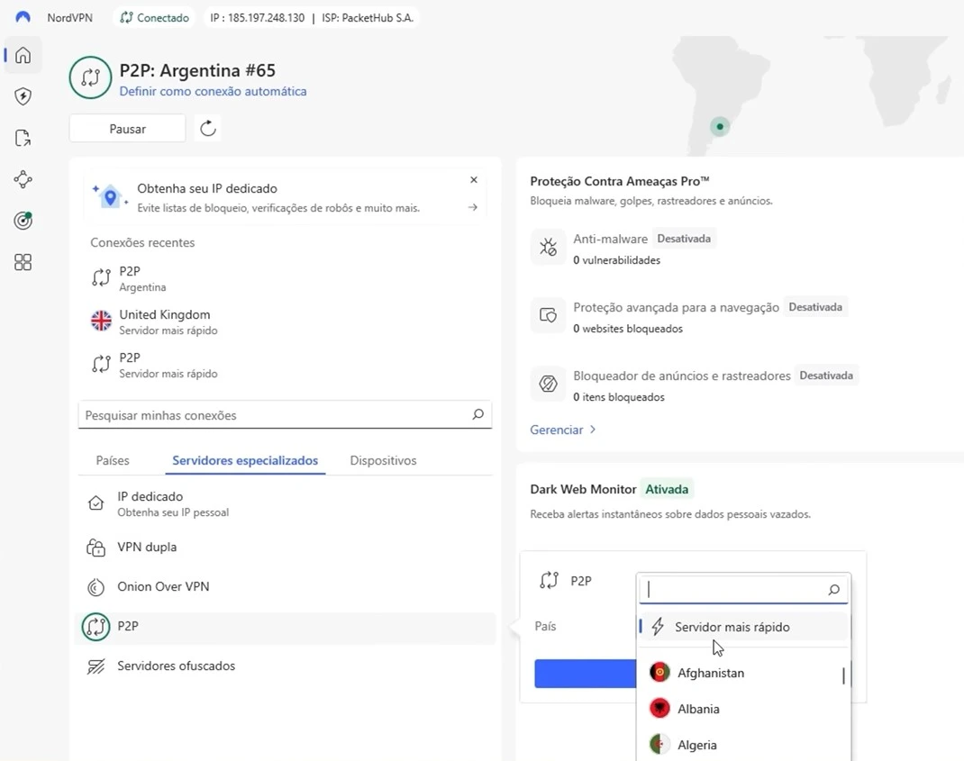 Painel da NordVPN mostrando servidores P2P disponíveis para downloads via torrent