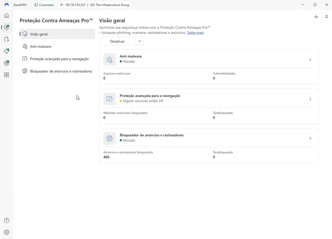 Painel do Threat Protection da NordVPN com proteção de navegação e antimalware ativados no aplicativo