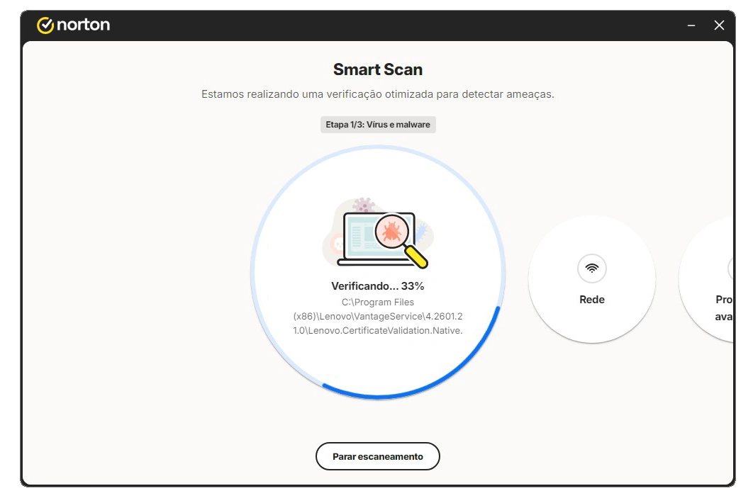 Norton executando Smart Scan no Windows com verificação simultânea de vírus, rede e sistema operacional