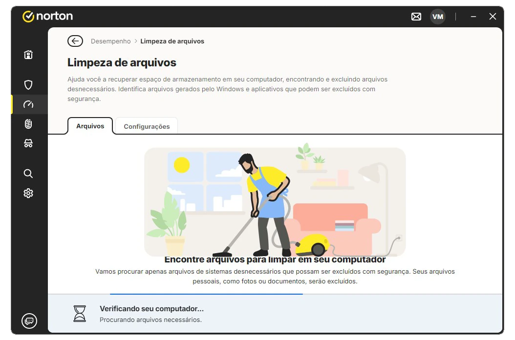 Norton executando limpeza de arquivos temporários no Windows com lista de itens encontrados e opção de remover com segurança