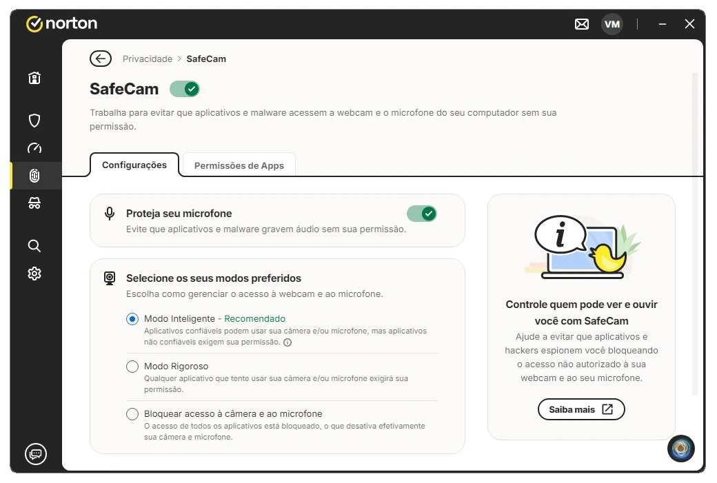 Tela do SafeCam do Norton mostrando proteção ativa de webcam e microfone com lista de aplicativos permitidos e bloqueados